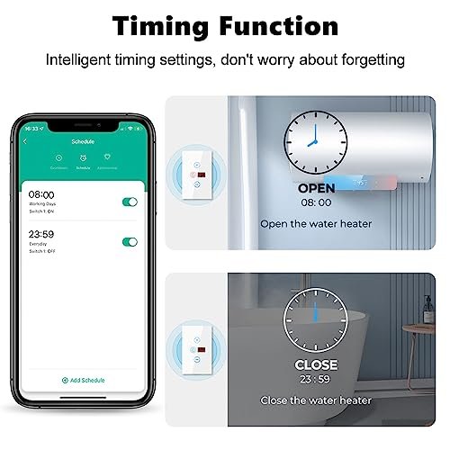 Smart Water Heater Switch, 20A Water Heater Timer with Energy Monitoring, Manual Adjustment Countdown, Compatible with Amazon Echo and Google Home, Neutral Wire Required, 2.4GHz WiFi Only