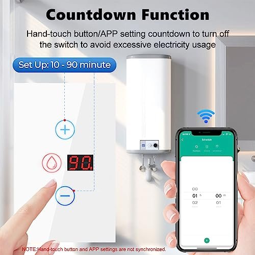 Smart Water Heater Switch, 20A Water Heater Timer with Energy Monitoring, Manual Adjustment Countdown, Compatible with Amazon Echo and Google Home, Neutral Wire Required, 2.4GHz WiFi Only