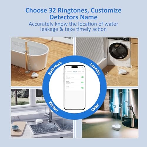 Smart Water Leak Detectors for Home WiFi with App Alerts, Stechro Ajustable 120dB Water Sensor Alarm Leak Detector for Basements Sink Kitchen Laundry, 4 Water Sensors & 1 Gateway