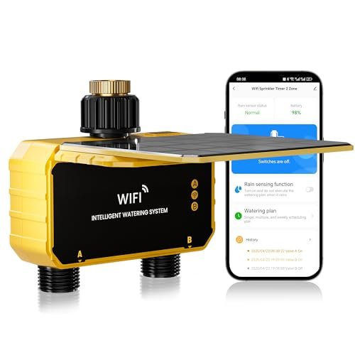 Smart WiFi Water Timer 2 Zone No Need Gateway, Solar WiFi Sprinkler Valve Timer for Garden Hose APP & Remote Control Alexa & Google Voice Compatible,Rain Delay, Manual Mode Sprinkler System