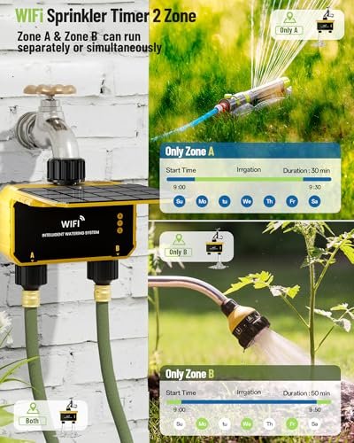 Smart WiFi Water Timer 2 Zone No Need Gateway, Solar WiFi Sprinkler Valve Timer for Garden Hose APP & Remote Control Alexa & Google Voice Compatible,Rain Delay, Manual Mode Sprinkler System