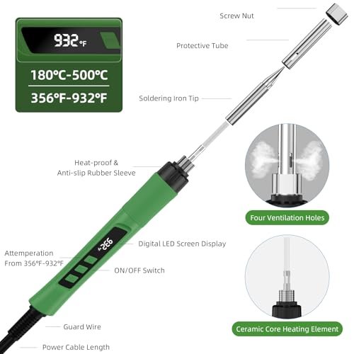 Soldering Iron Kit, 190W Soldering Gun, 110V LED Solder Kit for Electronics, Adjustable Temperature 356-932℉, Includes Solder Wire, Sucker, Tips, Stand, Tweezers, Paste and Solid Wood Box, Army Green