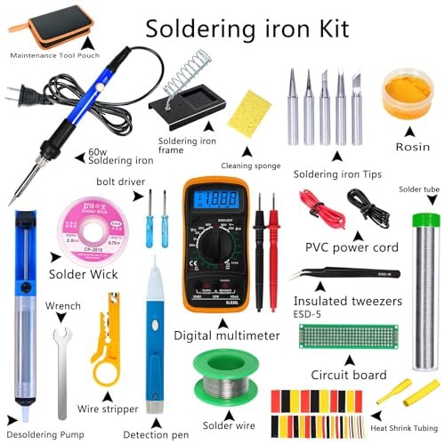 Soldering Iron Kit, 60W Adjustable Temperature, Digital Multimeter, 5pcs Soldering Tips, Wire, Stand, Desoldering Pump, Solder Wick, Tweezers, Welding Tool