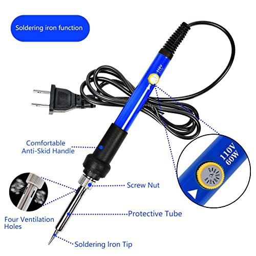 Soldering Iron Kit, 60W Adjustable Temperature, Digital Multimeter, 5pcs Soldering Tips, Wire, Stand, Desoldering Pump, Solder Wick, Tweezers, Welding Tool