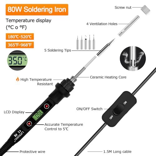 Soldering Iron Kit 80W LCD Adjustable Temperature 180-520℃ Solder Kit Electronics 13 in 1 Welding Tools with ON/OFF Switch, Solder Wire, Flux, 5 Soldering Tips, Desoldering Pump, Stand, Tweezers