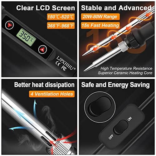 Soldering Iron Kit 80W LCD Adjustable Temperature 180-520℃ Solder Kit Electronics 13 in 1 Welding Tools with ON/OFF Switch, Solder Wire, Flux, 5 Soldering Tips, Desoldering Pump, Stand, Tweezers