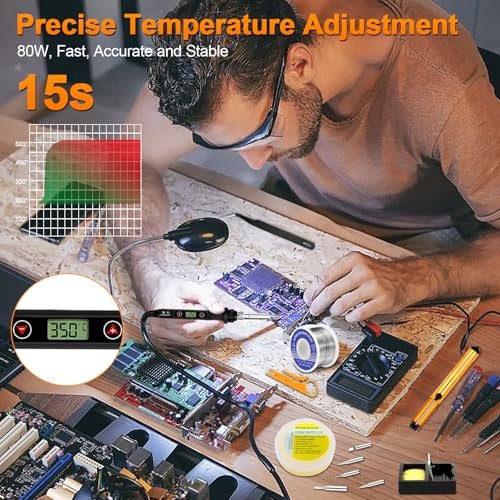 Soldering Iron Kit 80W LCD Adjustable Temperature 180-520℃ Solder Kit Electronics 13 in 1 Welding Tools with ON/OFF Switch, Solder Wire, Flux, 5 Soldering Tips, Desoldering Pump, Stand, Tweezers