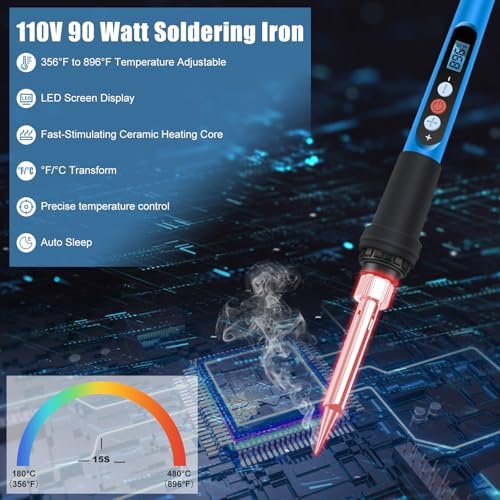 Soldering Iron Kit, 90W 110V Fast Heat up LCD Digital Soldering Gun kit with Ceramic Heater, 10 in 1 Adjustable Temperature Soldering Kit with Automatic Sleep Mode