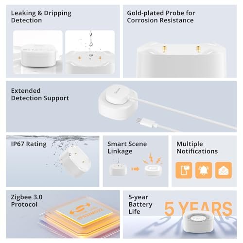 SONOFF SNZB-05P Zigbee Water Leak Sensor with Detection Cable for Alarm System and Smart Home Automation, Wireless Mini Flood Detector for Kitchen Bathroom Basement 1Pack