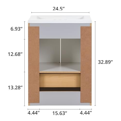 Spring Mill Cabinets Emlyn 24 Inch Bathroom Vanity with White Single Sink Top, 2-Door Cabinet, 1 Drawer, 24.5" W x 18.75" D x 32.89" H, Pearl Gray