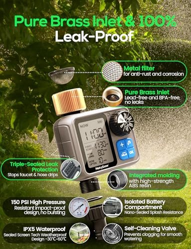 Sprinkler Irrigation Timer with Brass Inlet, Programmable Water Timer for Garden Hose, Automatic Watering System for Yard Lawn, Rain Delay