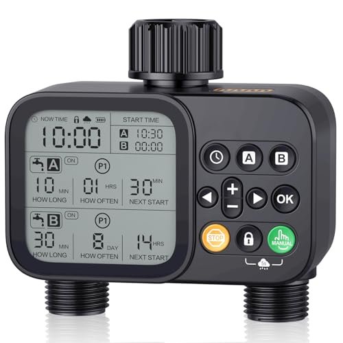 Sprinkler Timer for Outdoor Garden Hose, 2 Outlet 8 Programmable Water Timer with Rain Delay & Manual/Automatic Modes, Weatherproof Irrigation System for Yard Lawn, Large LCD Display