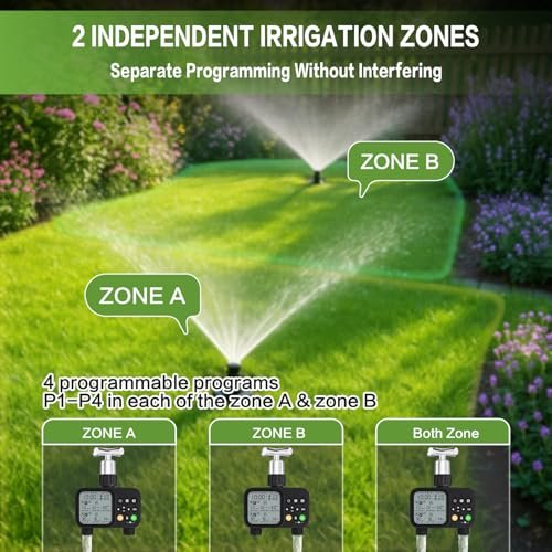 Sprinkler Timer for Outdoor Garden Hose, 2 Outlet 8 Programmable Water Timer with Rain Delay & Manual/Automatic Modes, Weatherproof Irrigation System for Yard Lawn, Large LCD Display