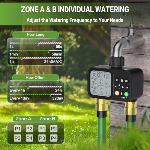Sprinkler Timer for Outdoor Garden Hose, 2 Outlet 8 Programmable Water Timer with Rain Delay & Manual/Automatic Modes, Weatherproof Irrigation System for Yard Lawn, Large LCD Display