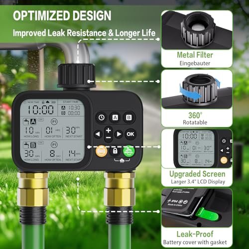 Sprinkler Timer for Outdoor Garden Hose, 2 Outlet 8 Programmable Water Timer with Rain Delay & Manual/Automatic Modes, Weatherproof Irrigation System for Yard Lawn, Large LCD Display