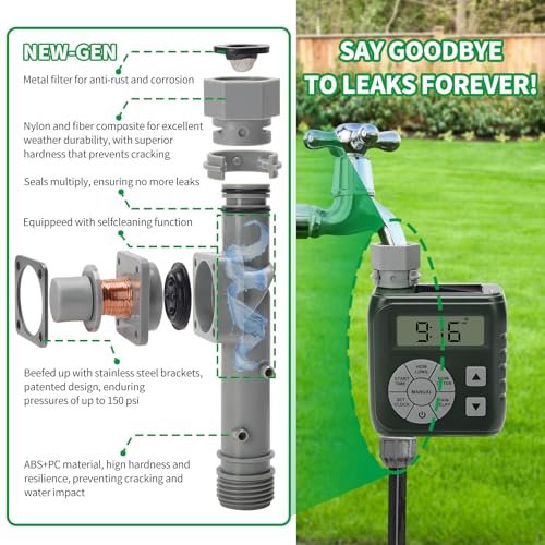 Sprinkler Timer, Programmable Irrigation Water Timer for Garden Hose, Solar/Battery Dual Power & Professional Leak-Proof Design, Rain Delay/Auto/Manual Watering System, Green