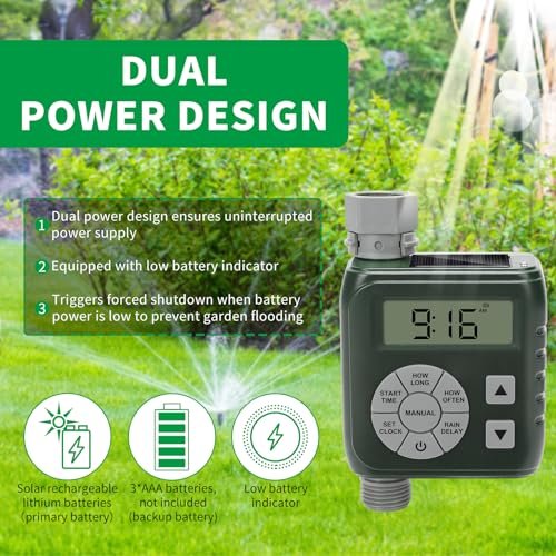 Sprinkler Timer, Programmable Irrigation Water Timer for Garden Hose, Solar/Battery Dual Power & Professional Leak-Proof Design, Rain Delay/Auto/Manual Watering System, Green