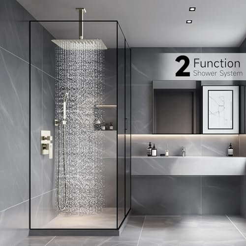 SR SUN RISE 12 Inch Ceiling Mount Brushed Nickel Shower System Bathroom Luxury Rain Mixer Shower Combo Set Ceiling Rainfall Shower Head System Faucet Trim Repair Kits with Rough-in Valve and Trim