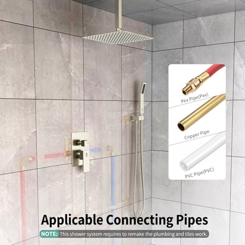 SR SUN RISE 12 Inch Ceiling Mount Brushed Nickel Shower System Bathroom Luxury Rain Mixer Shower Combo Set Ceiling Rainfall Shower Head System Faucet Trim Repair Kits with Rough-in Valve and Trim