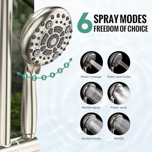 SR SUN RISE 12 Inch Rain Shower System, High Pressure Shower Heads and Handheld 6-Spray Combo Set Slide Bar Shower Faucets Sets Complete Included Valve and Trim Kit for Bathroom, Brushed Nickel
