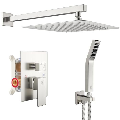 SR SUN RISE 12 Inches Bathroom Luxury Rain Mixer Shower Combo Set Wall Mounted Rainfall Shower Head System Brushed Nickel Finish Shower Faucet Rough-In