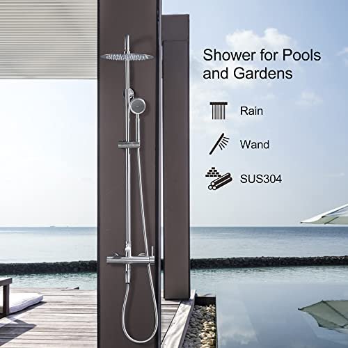 SS304 Outdoor Shower Kit - Brushed Nickel, High Pressure Shower Head with Handheld, Complete Shower System