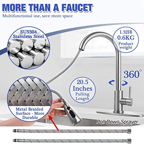 Stainless Steel 304 Kitchen Sink Faucet with Pull Down Spray Outdoor Kitchens Faucets Out Extension Utility Farmhouse for Sinks 1 Hole,Single Handle Rent Apartment Dorm