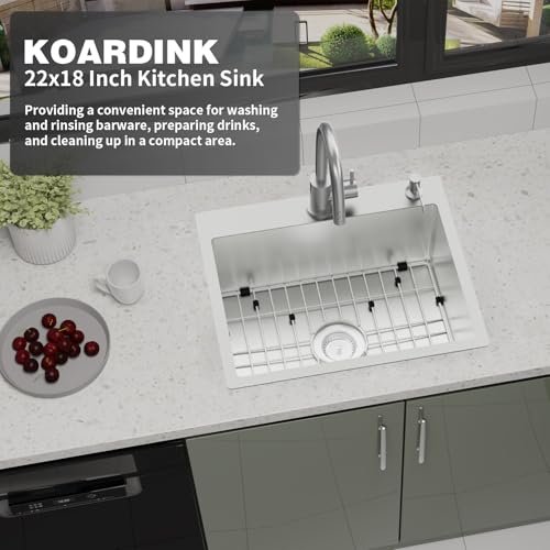 Stainless Steel Drop In Kitchen And Bar Sink - 22x18 Inch Single Bowl Topmount Bar Sink Come With SS Grid,Silicon Mat,Drain Strainer Set