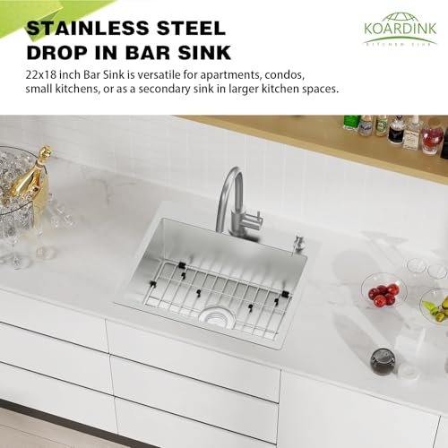 Stainless Steel Drop In Kitchen And Bar Sink - 22x18 Inch Single Bowl Topmount Bar Sink Come With SS Grid,Silicon Mat,Drain Strainer Set