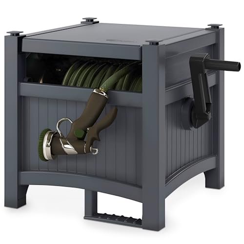Suncast Garden Hose Hideaway Storage Reel Box, Cyberspace Grey – Resin Outdoor Container, Holds up to 100 Feet of 5/8 Inch Standard Vinyl Water Line – No Assembly Required