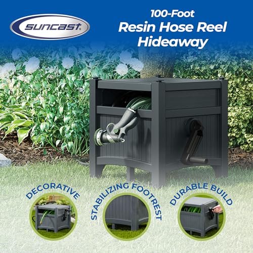 Suncast Garden Hose Hideaway Storage Reel Box, Cyberspace Grey – Resin Outdoor Container, Holds up to 100 Feet of 5/8 Inch Standard Vinyl Water Line – No Assembly Required