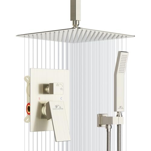 SunCleanse Rainfall Shower System Brushed Nickel Ceiling Mounted Shower System Combo Set with High Pressure 12 Inches Square Rain Shower Head Handheld and Shower Faucet Rough-in Mixer Valve and Trim