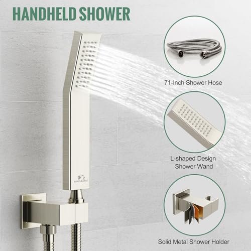 SunCleanse Rainfall Shower System Brushed Nickel Ceiling Mounted Shower System Combo Set with High Pressure 12 Inches Square Rain Shower Head Handheld and Shower Faucet Rough-in Mixer Valve and Trim