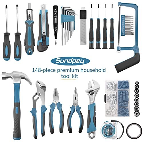 Sundpey Home Tool Kit 148-Pcs - Household Basic portable Hand Repair Tool Set with Case & Ratcheting Screwdriver & Hex Key & Pliers & Wrench & Voltage Tester & Water Pump Plier for Men Women