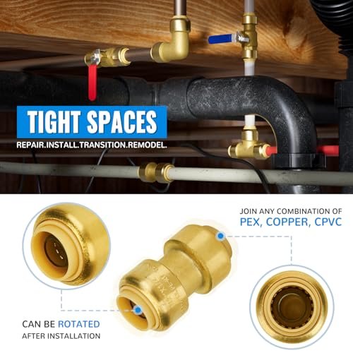 SUNGATOR 1/2 Inch Coupling, Push Pex Fittings 1/2 Inch, 1/2" Straight Coupling, No Lead Brass Push-to-Connect Fittings for Pex Pipe, Copper, CPVC, with 1 Disconnect Clip, Pack of 12