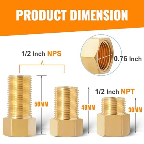 SUNGATOR 1/2" Male × 1/2'' Female Brass Pipe Extension Adapter, 1/2 Inch Brass Nipple Pipe Extension Fittings for Tub Spout/Shower, 30MM/40MM/50MM Extension 1/2'' Pipe Fittings (3 Pack)
