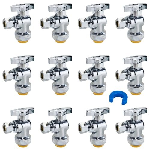 SUNGATOR 12-Pack Angle Stop Valve, Angle Water Shut Off Valve 1/2 x 3/8 Inch Compression, Toilet Water Shutoff, 1/4 Turn, No Lead Brass Push-to-Connect Plumbing Fittings for PEX Pipe, Copper, CPVC