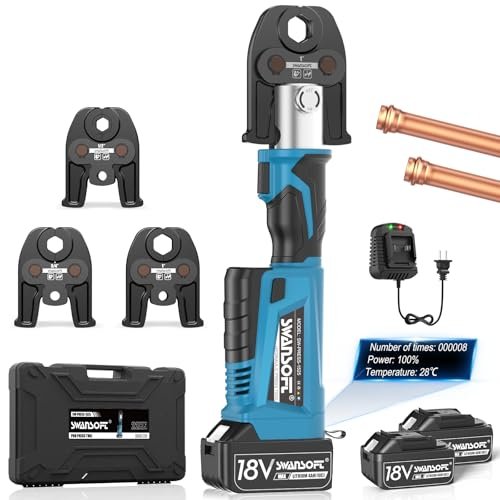 SWANSOFT Pro Press Copper Crimper Propress Tool, 22KN 18V 4Ah Electric Hydraulic Pro Press Copper Crimper Tool with 3 US Standard Jaws 1/2",3/4'', 1" Pipe Crimping, Cordless Propress Tool Kit