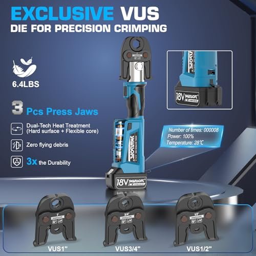SWANSOFT Pro Press Copper Crimper Propress Tool, 22KN 18V 4Ah Electric Hydraulic Pro Press Copper Crimper Tool with 3 US Standard Jaws 1/2",3/4'', 1" Pipe Crimping, Cordless Propress Tool Kit