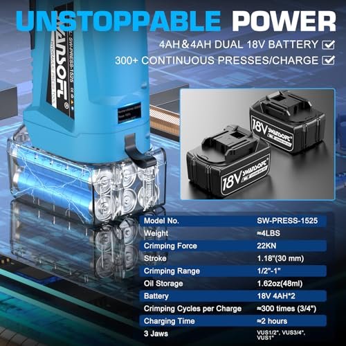 SWANSOFT Pro Press Copper Crimper Propress Tool, 22KN 18V 4Ah Electric Hydraulic Pro Press Copper Crimper Tool with 3 US Standard Jaws 1/2",3/4'', 1" Pipe Crimping, Cordless Propress Tool Kit