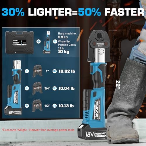 SWANSOFT Pro Press Copper Crimper Propress Tool, 22KN 18V 4Ah Electric Hydraulic Pro Press Copper Crimper Tool with 3 US Standard Jaws 1/2",3/4'', 1" Pipe Crimping, Cordless Propress Tool Kit