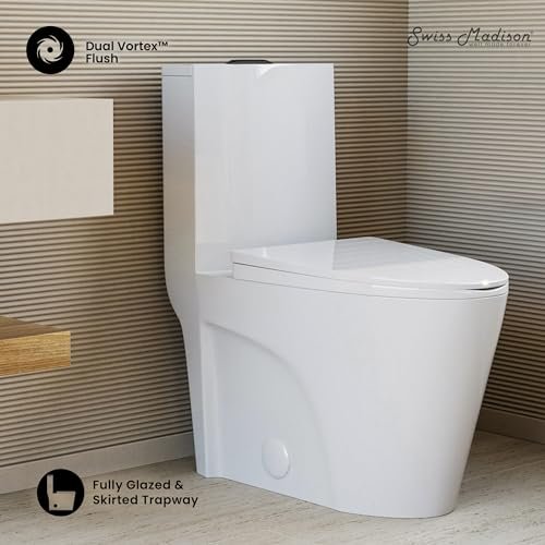 Swiss Madison St. Tropez SM-1T254HB One-Piece Elongated Toilet Vortex Dual-Flush 1.1/1.6 gpf with Comfort Chair Seat ADA Height in Glossy White with Black Hardware