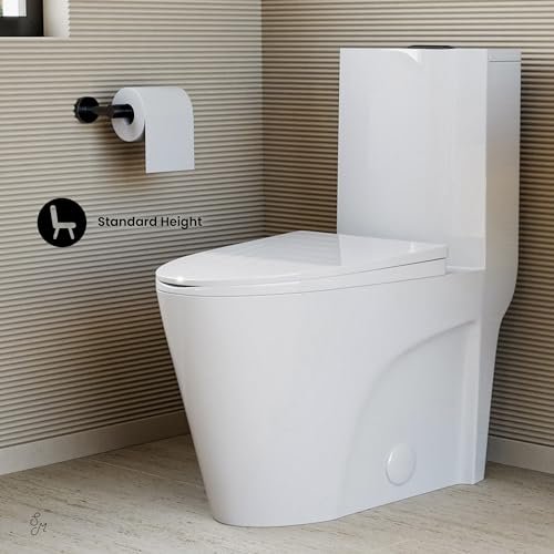 Swiss Madison St. Tropez SM-1T254HB One-Piece Elongated Toilet Vortex Dual-Flush 1.1/1.6 gpf with Comfort Chair Seat ADA Height in Glossy White with Black Hardware