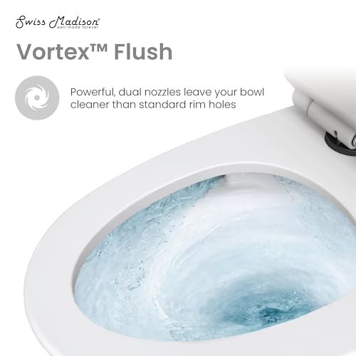 Swiss Madison St. Tropez SM-1T254HB One-Piece Elongated Toilet Vortex Dual-Flush 1.1/1.6 gpf with Comfort Chair Seat ADA Height in Glossy White with Black Hardware