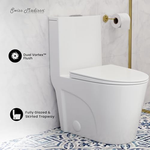 Swiss Madison Well Made Forever SM-1T274, St. Tropez One Piece Elongated Toilet Dual Vortex Flush 1.1/1.6 gpf with 10" Rough In