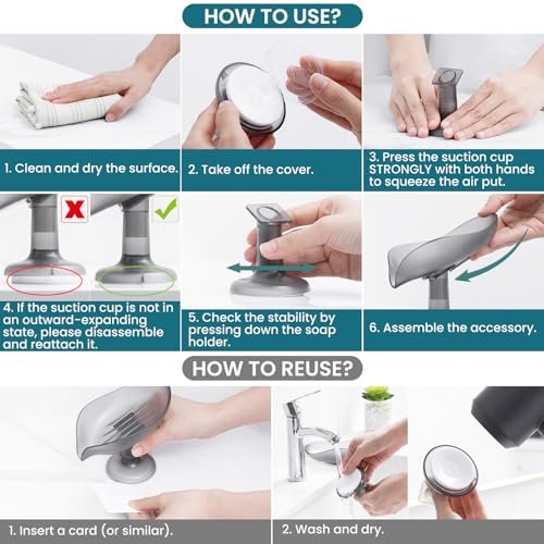 TAILI Self Draining Soap Holder, Leaf-Shaped Bar Soap Dish with Suction Cup Stand, Bar Saver Suitable for Bathroom, Tub, Kitchen Sink, Removable,Easy to Clean & Keep Dry, Grey