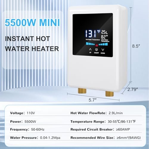 Tankless Water Heater Electric 110V, 5500W Instant Hot Water Heater Under Sink, On Demand Hot Water Heater with Remote Control and Digital Display, Portable Mini Electric Water Heaters for RV Kitchen