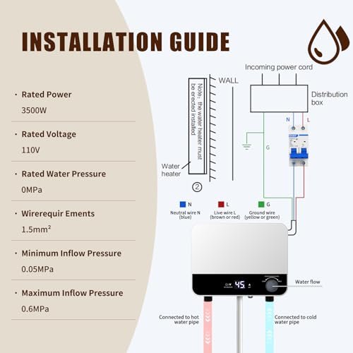 Tankless Water Heater Electric 110v,3500W Instant Hot Water Heater With Automatic Control System Touch Digital Display， Constant Temperature Wall or Floor Mounted for Kitchen,Laundry Sink