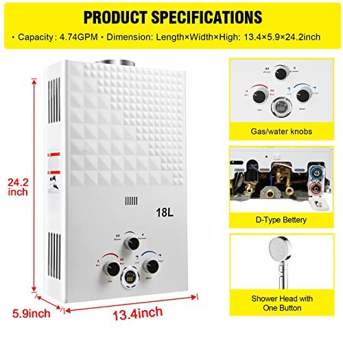 Tankless Water Heater Propane 4.74GPM 18L Outdoor Portable GasHot Water Heater Instant Propane Water Heater with Digital Display Multi-Protection for Camping Trips Boat