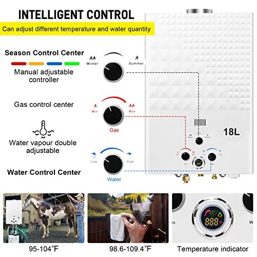 Tankless Water Heater Propane 4.74GPM 18L Outdoor Portable GasHot Water Heater Instant Propane Water Heater with Digital Display Multi-Protection for Camping Trips Boat